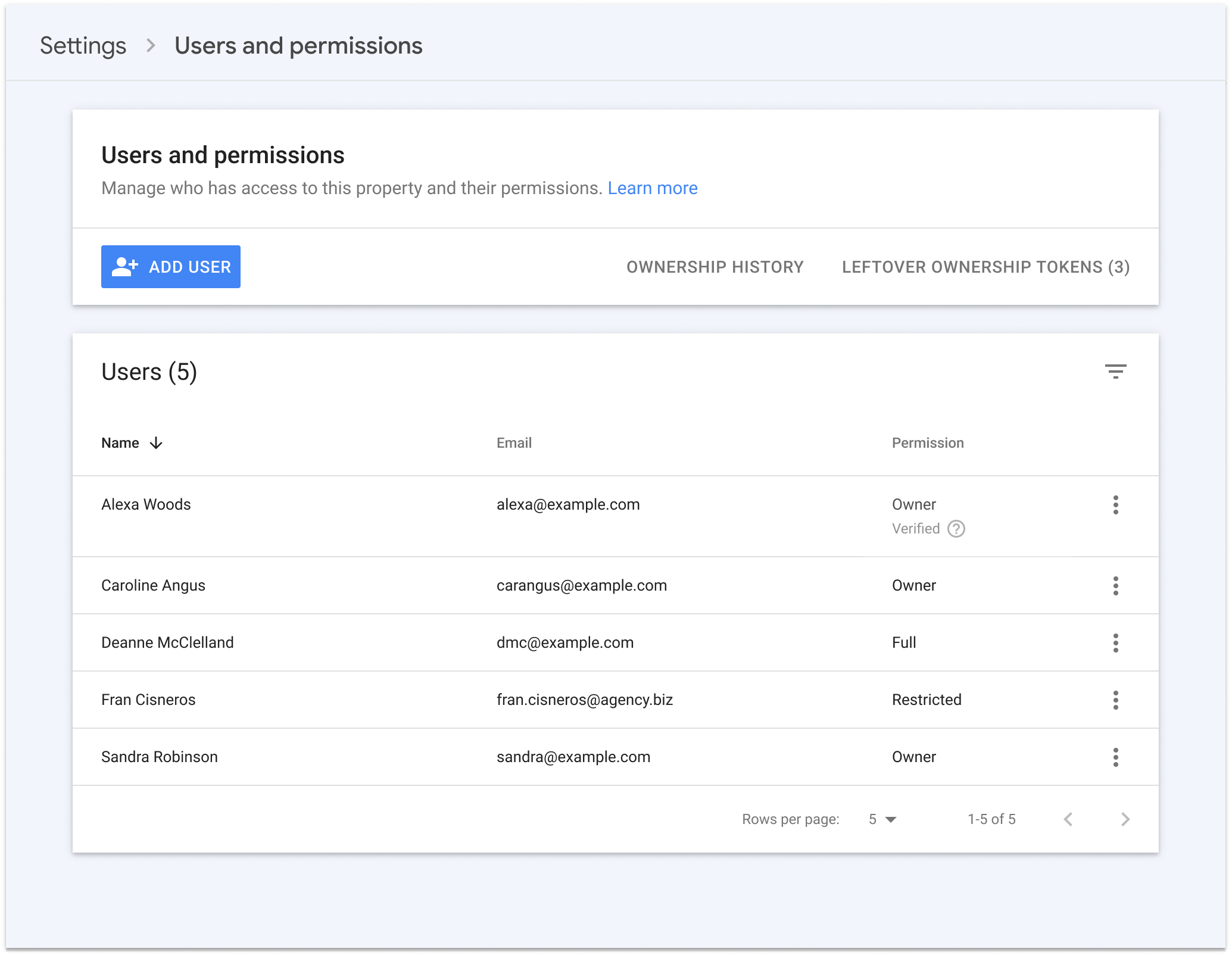 Search Console users and permissions settings page
