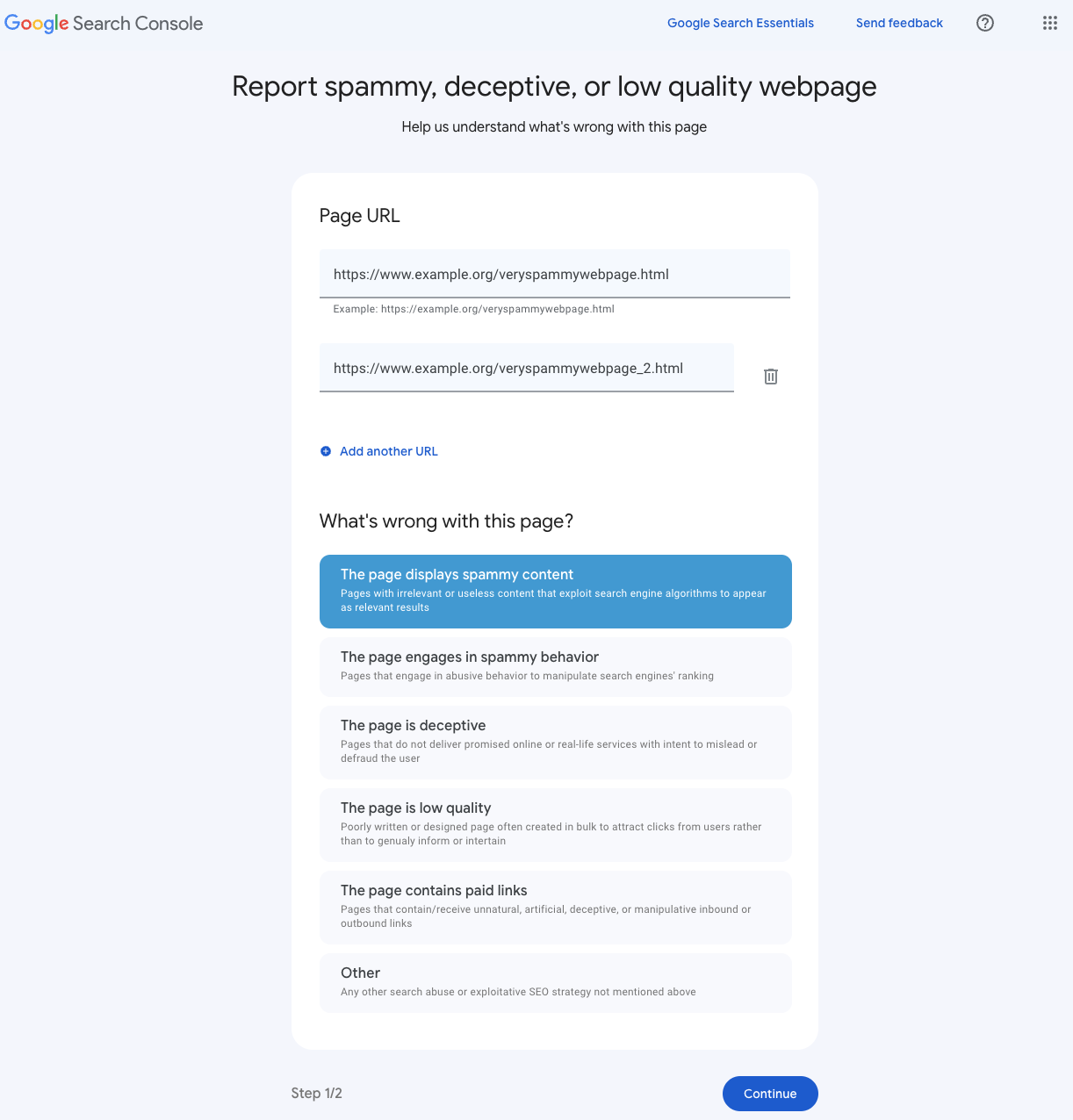 The search quality user report form lets you pick the category of issue you are reporting.