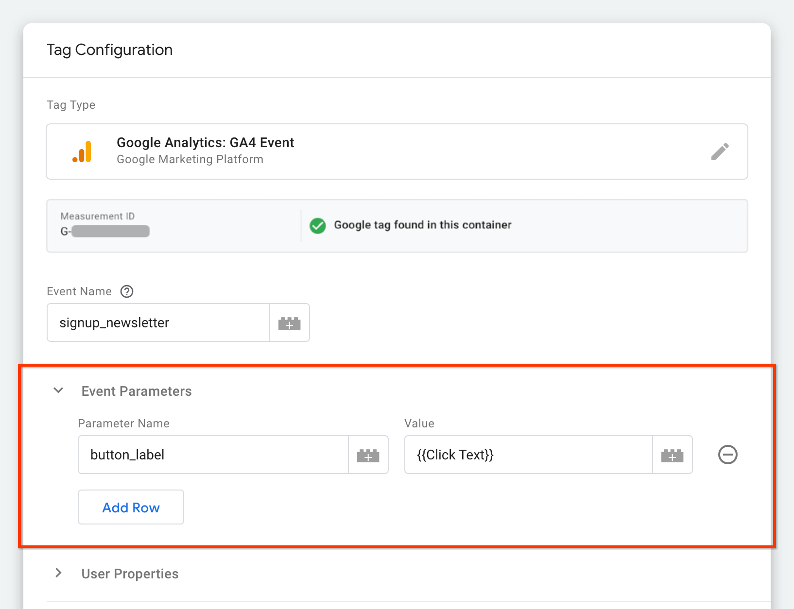 Die Tag-Konfiguration in Schritt 1
