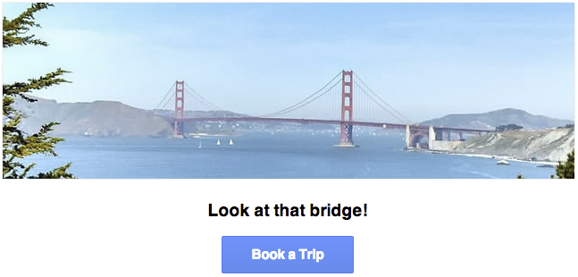 A picture of the golden gate bridge with a sub-heading, Look at that
Bridge!, and a blue button with the label Book a Trip