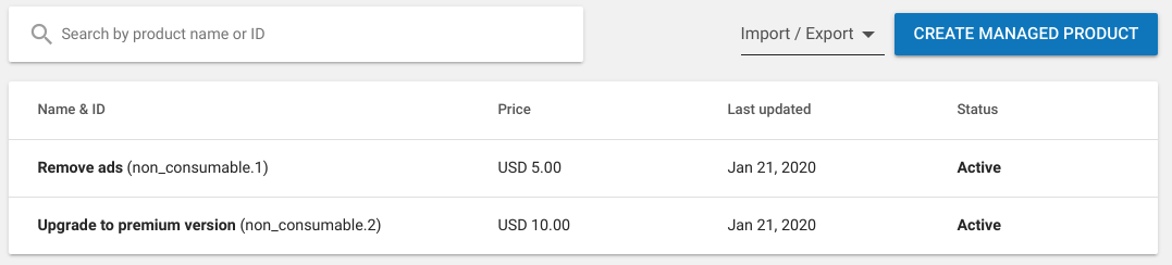 Example non-consumable goods in the Google Play console.