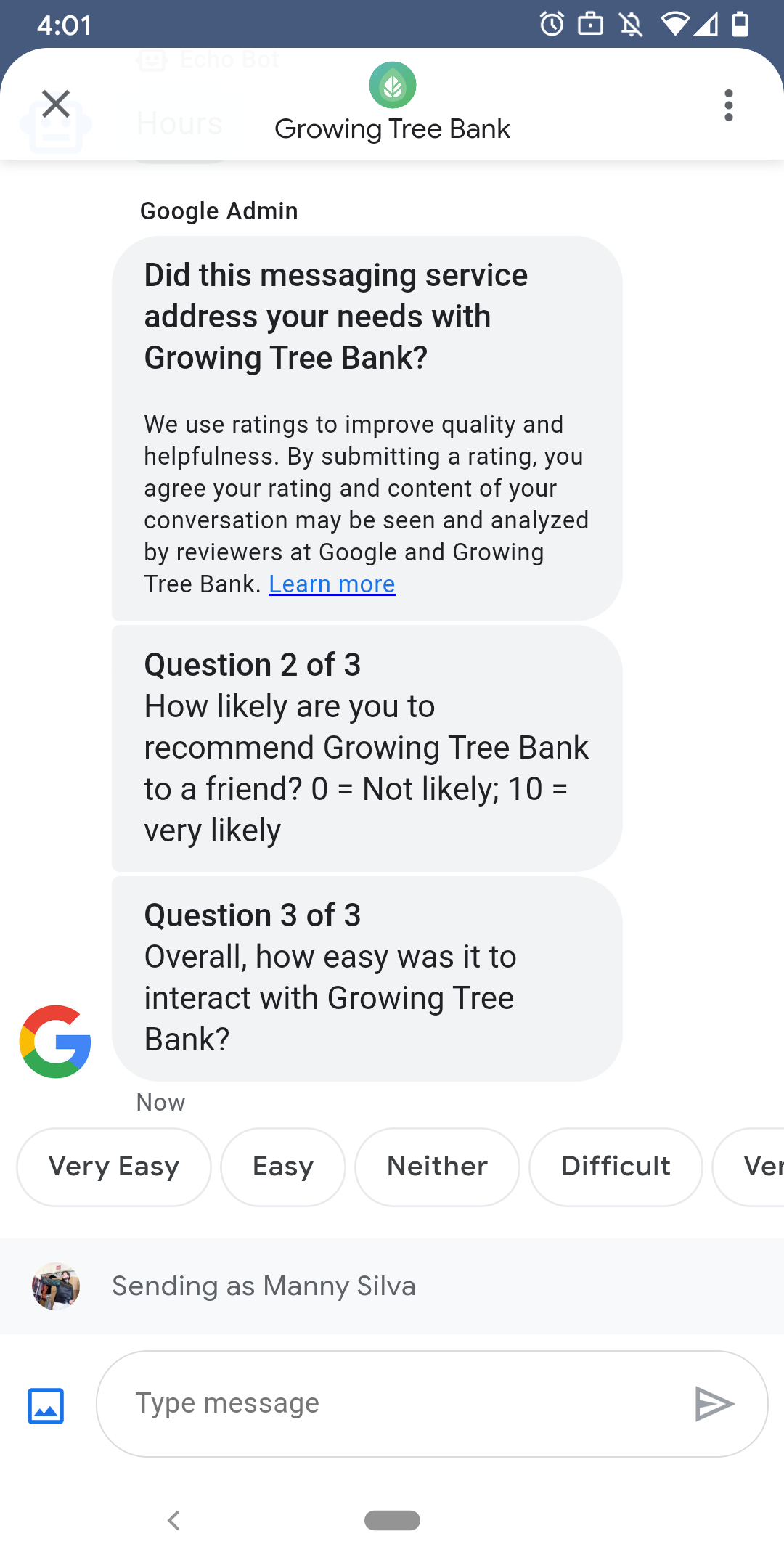 A customized survey in a Business Messages conversation.