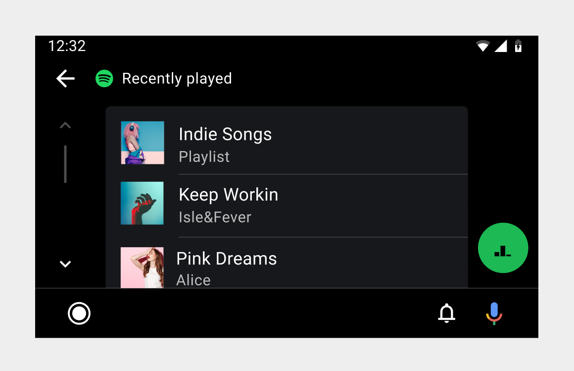 Screenshot with scrolling list of recently played songs