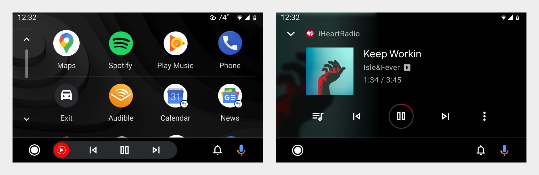 لقطات شاشة لمشغِّل التطبيقات وشاشة تشغيل الوسائط في iHeartRadio