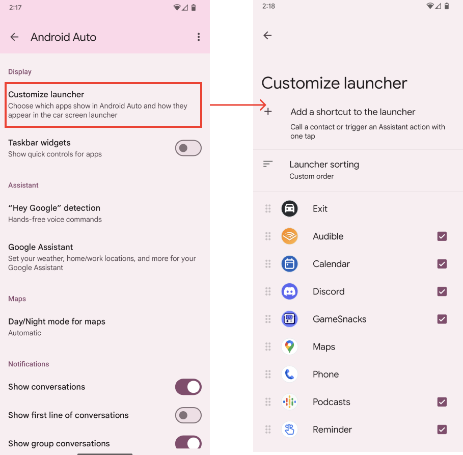La página Configuración y la página Personalizar selector en un teléfono, una al lado de la otra