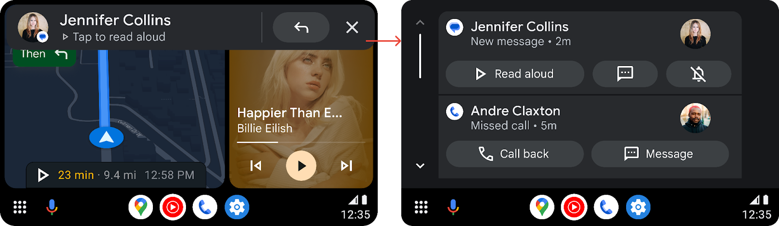 Illustration côte à côte d'une notification de message reçue en tant que notification urgente, puis affichée dans le centre de notifications