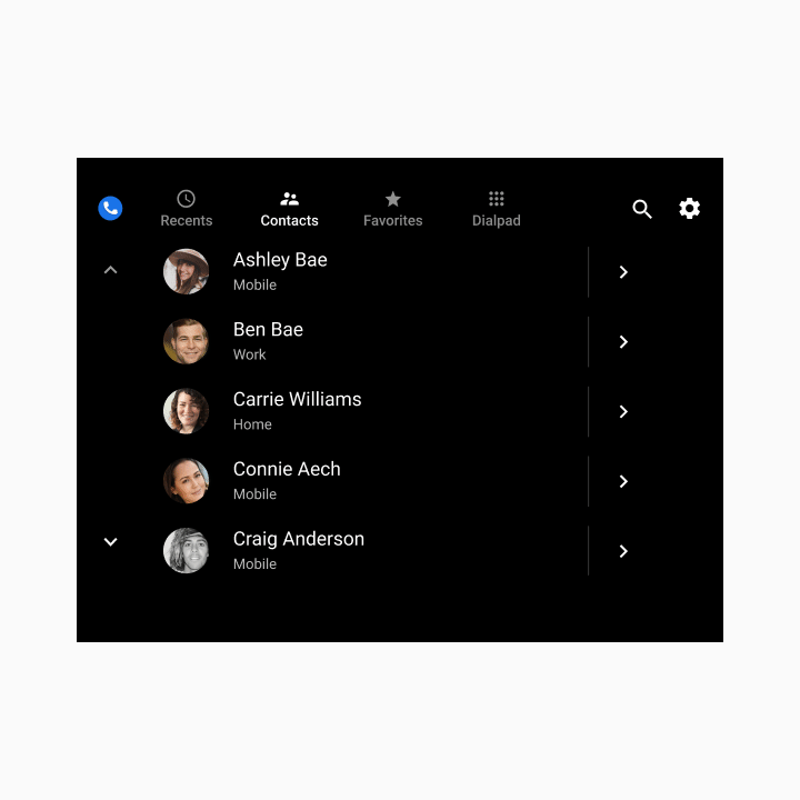 Navigation dans les contacts de l'application Téléphone