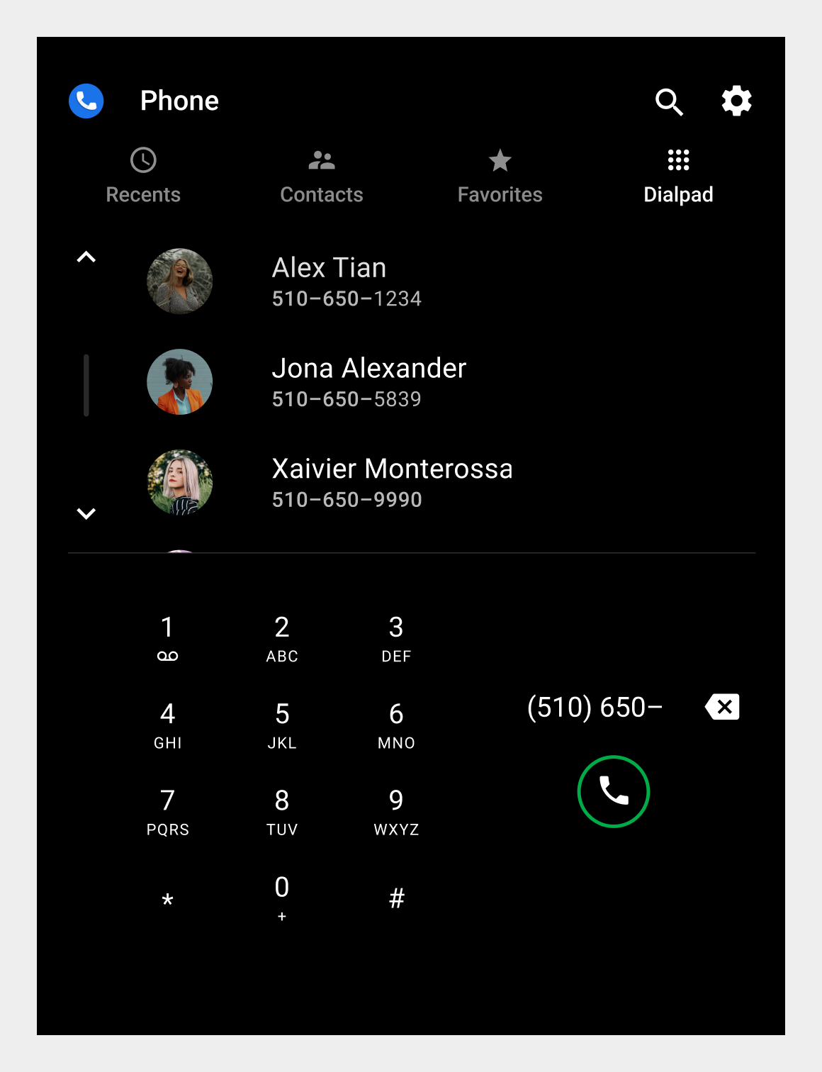Dialpad tab portrait orientation with recognized contact