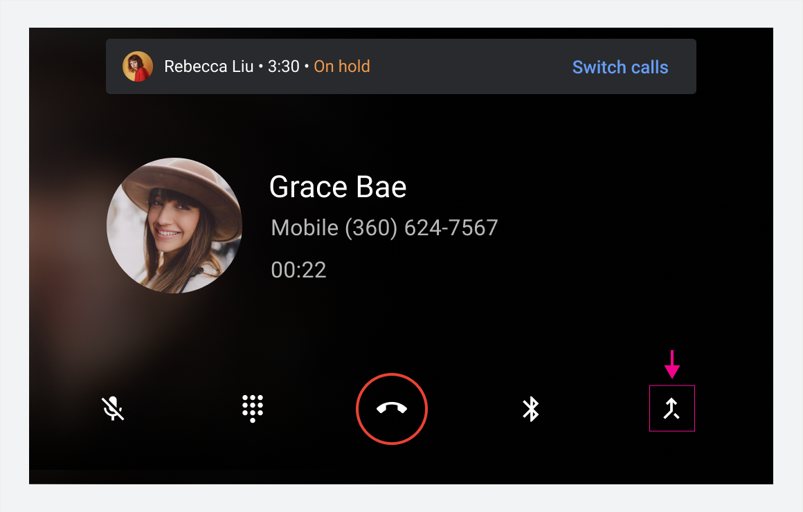 In-call status screen and the in-call control bar with higlighted merge button