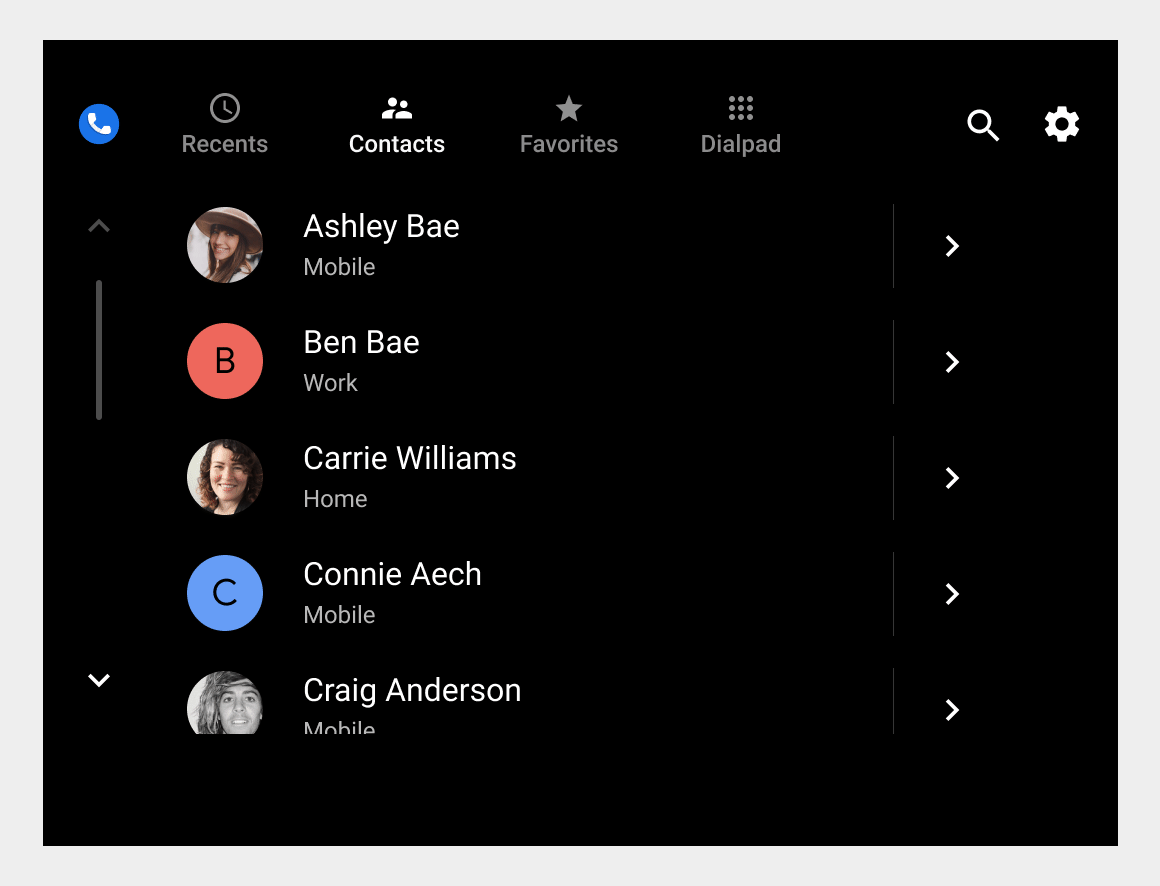 Placing a call from the contacts screen
