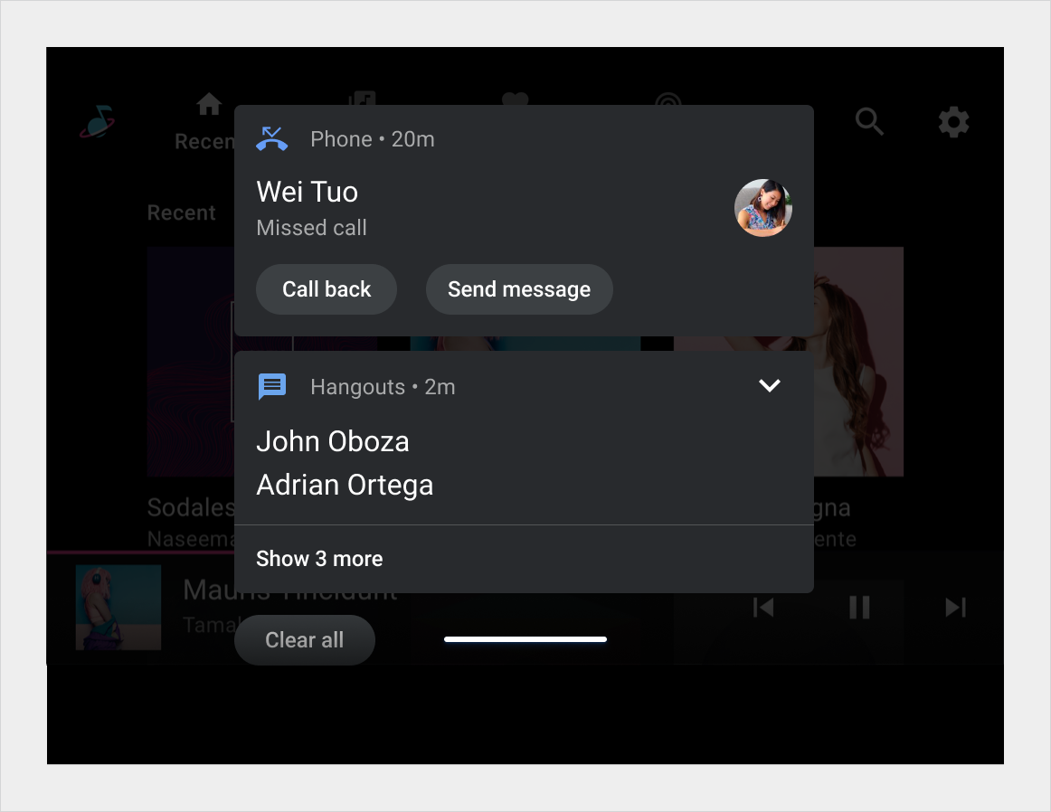 Bildirim Merkezi'ndeki birinci ve ikinci bildirim kartlarını gösteren dikey liste