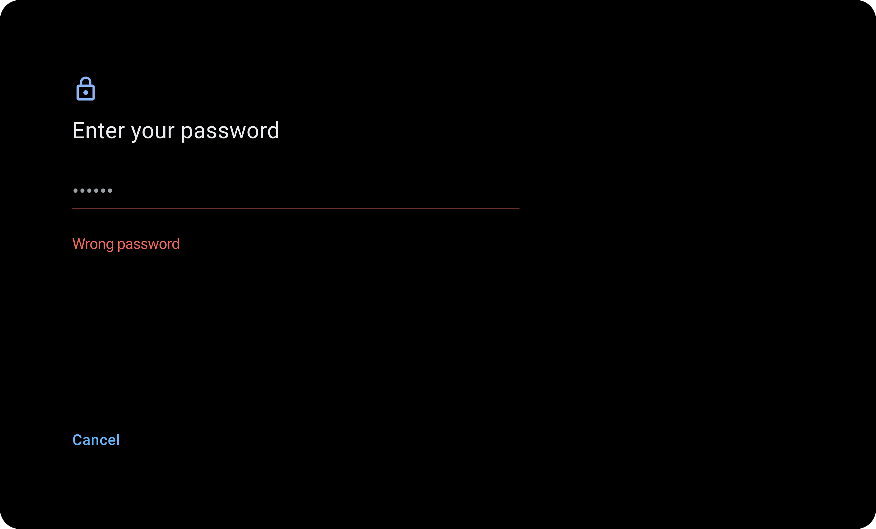 Password error screen