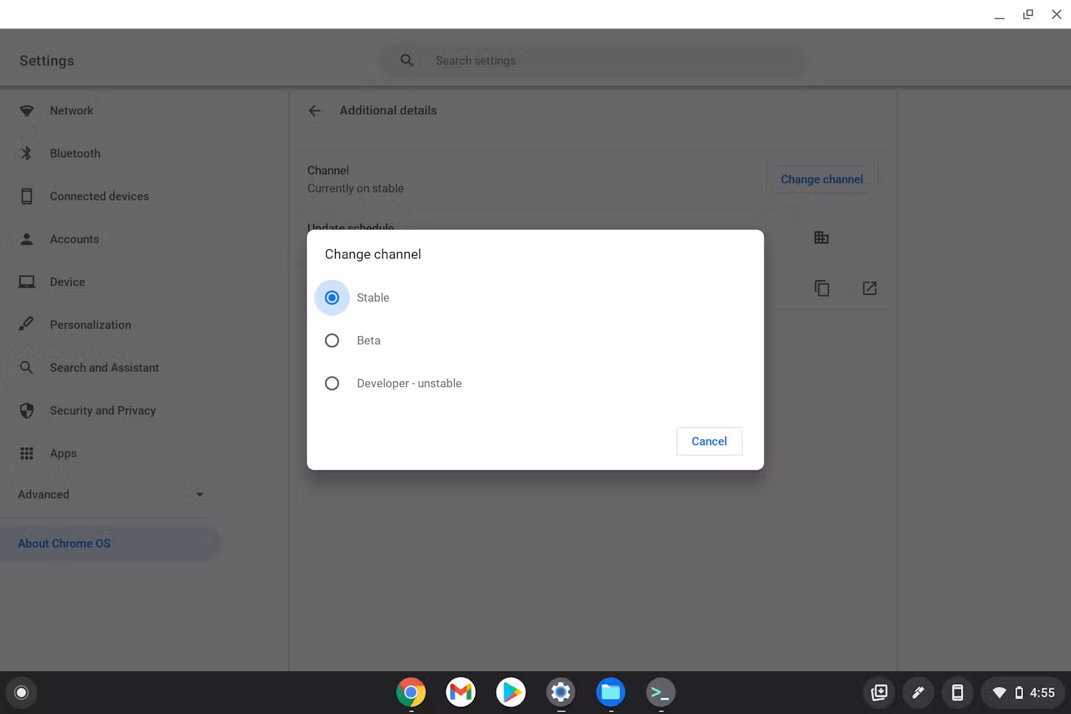 Caixa de diálogo de seleção de canal do ChromeOS