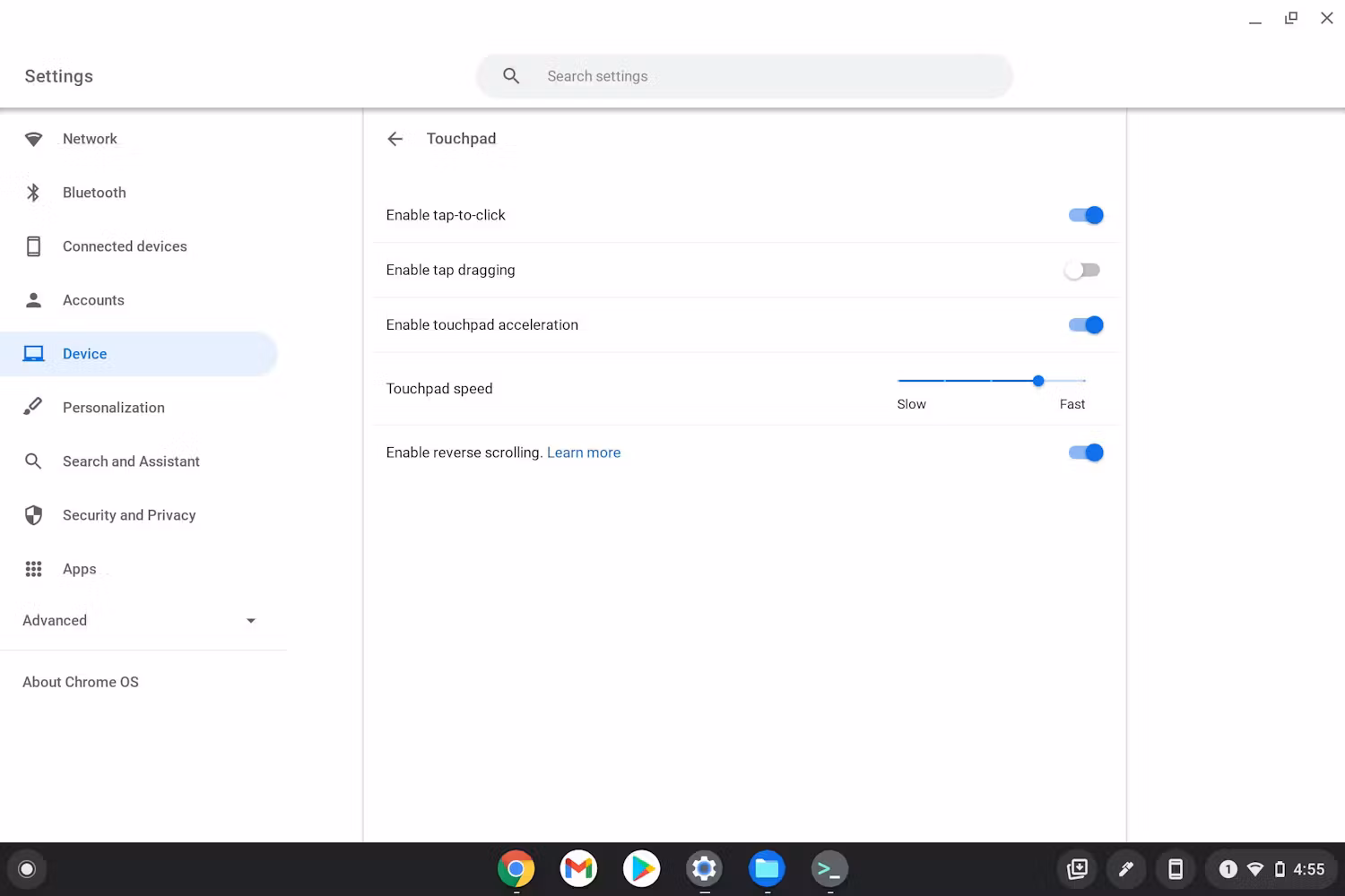 Touchpad settings options menu.