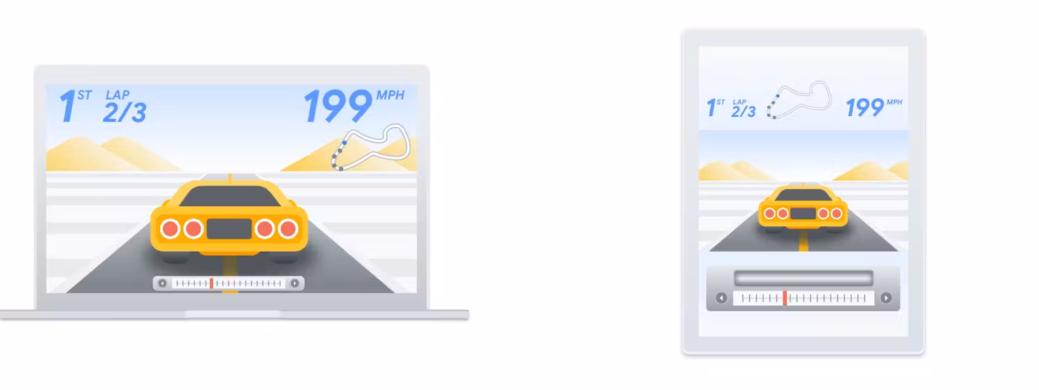 (Bên trái) Một trò chơi đua xe tối ưu hoá không gian màn hình ở chế độ ngang. (Bên phải) Cùng một trò chơi đua xe được tối ưu hoá cho chế độ dọc trên màn hình lớn.