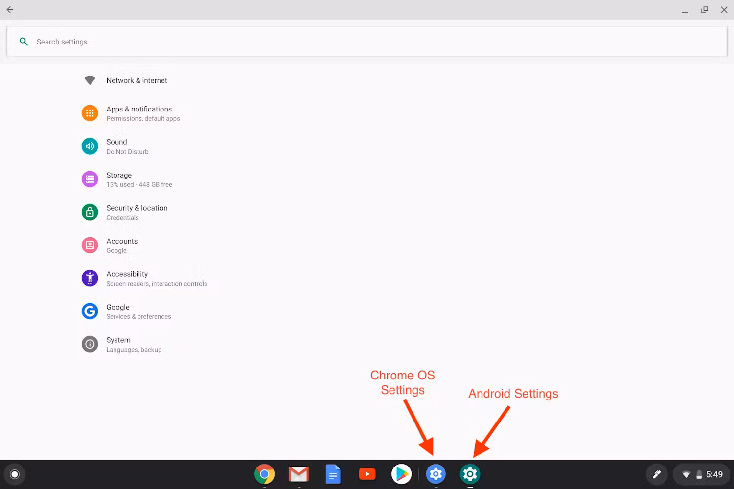 آیکونهای تنظیمات ChromeOS و اندروید بسیار شبیه به هم هستند، اما برای تنظیمات اندروید، چرخدنده کمی بزرگتر و رنگ پسزمینه سبز است.