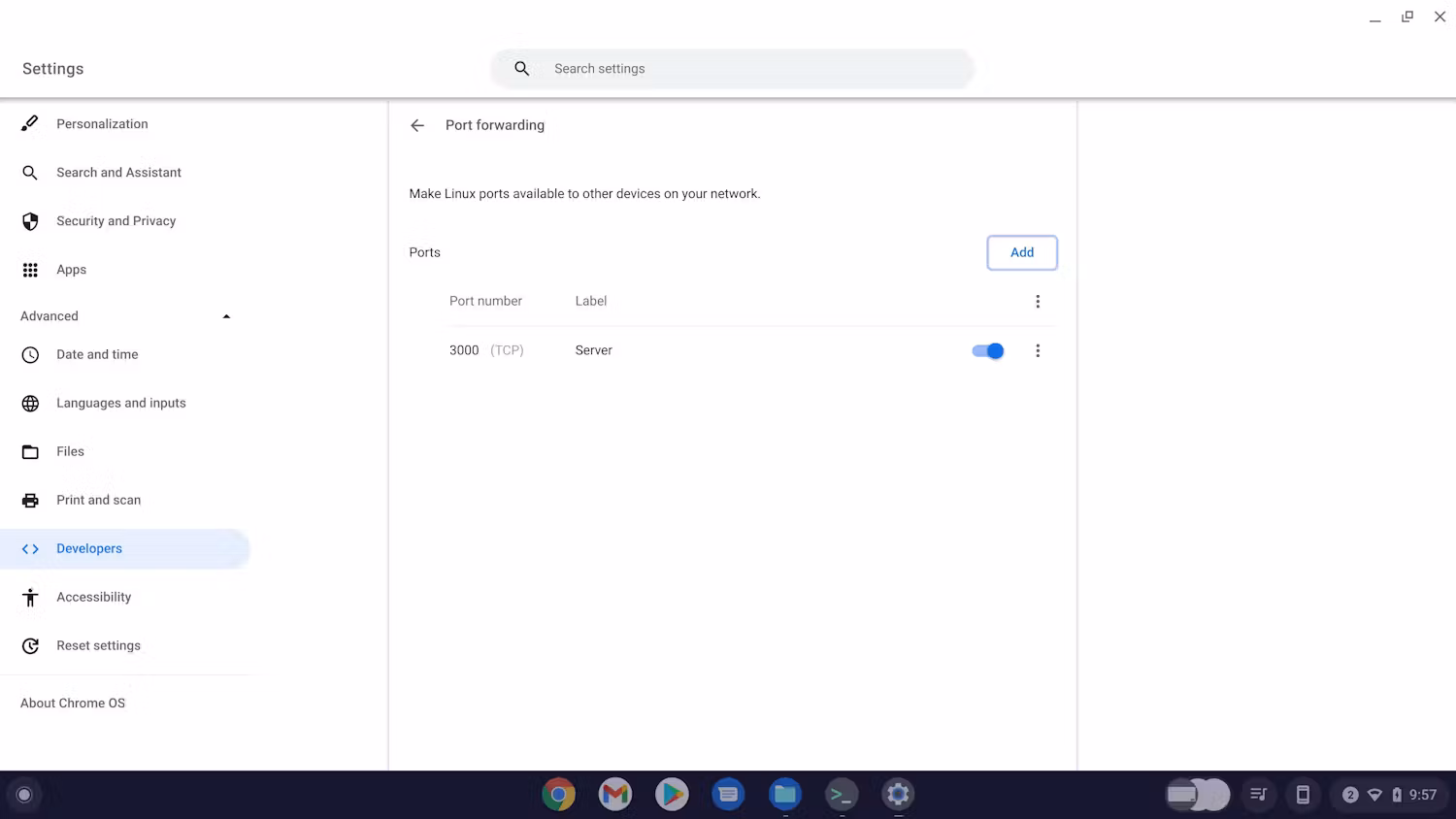 Pagina delle impostazioni port forwarding con una porta configurata su 3000 che utilizza il protocollo TCP 