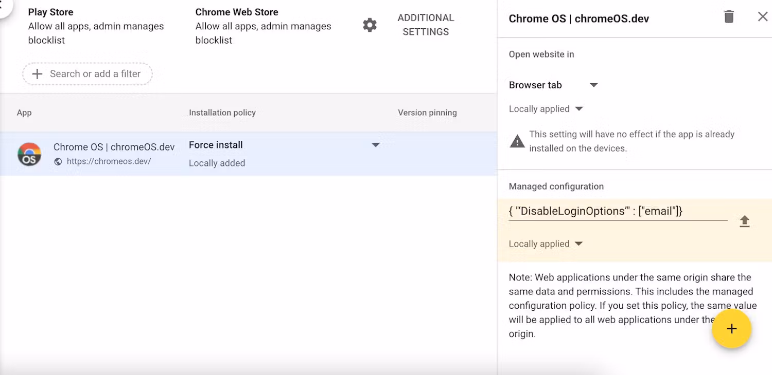 Пользовательский интерфейс консоли администратора Google для добавления полей управляемой конфигурации.