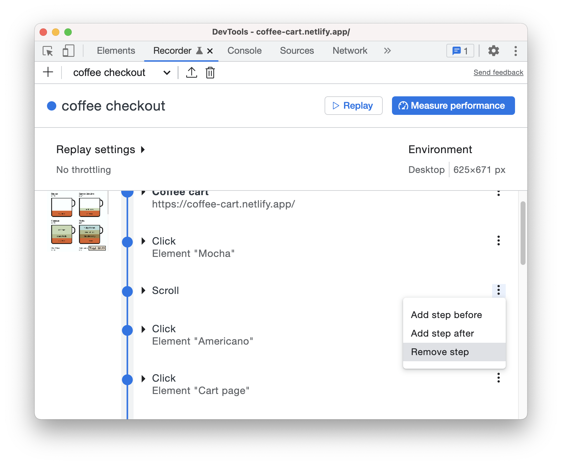 DevTools UI for coffee cart, including the menu for the Scroll event expanded to reveal three options: Add step before, add step after, and remove step.