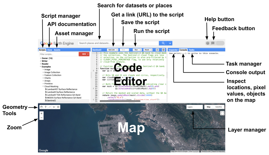 Diagram of components of the Earth Engine Code Editor at [code.earthengine.google.com](code.earthengine.google.com). Source: [Earth Engine Code Editor](https://developers.google.com/earth-engine/guides/playground)