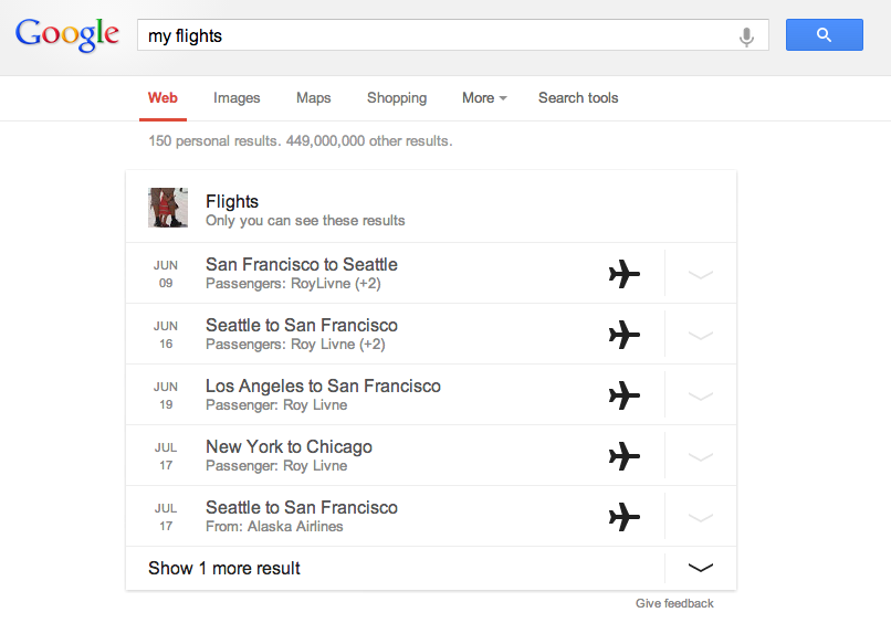 Flights Answer card in Google Search