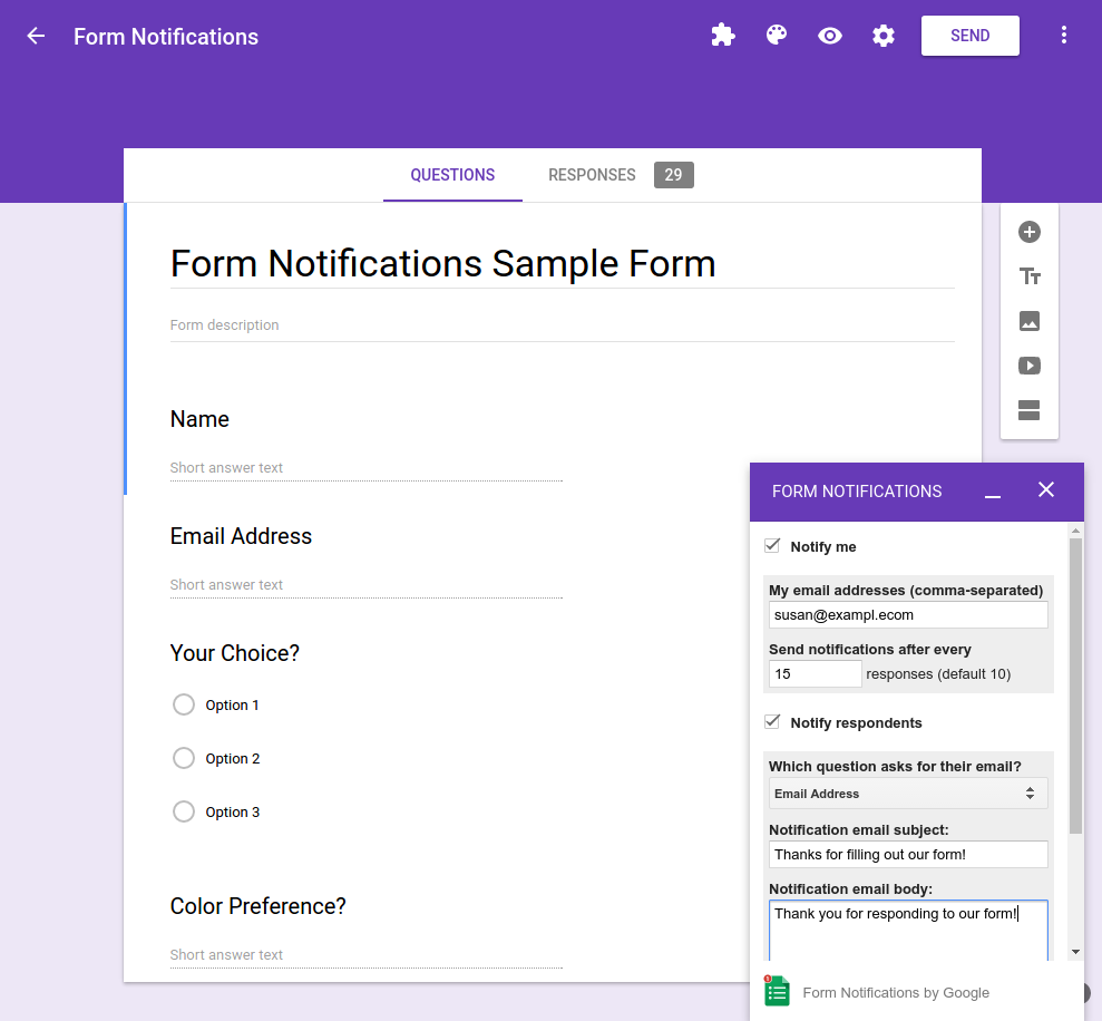 Diseñador de formularios de Google Form Builder con opciones