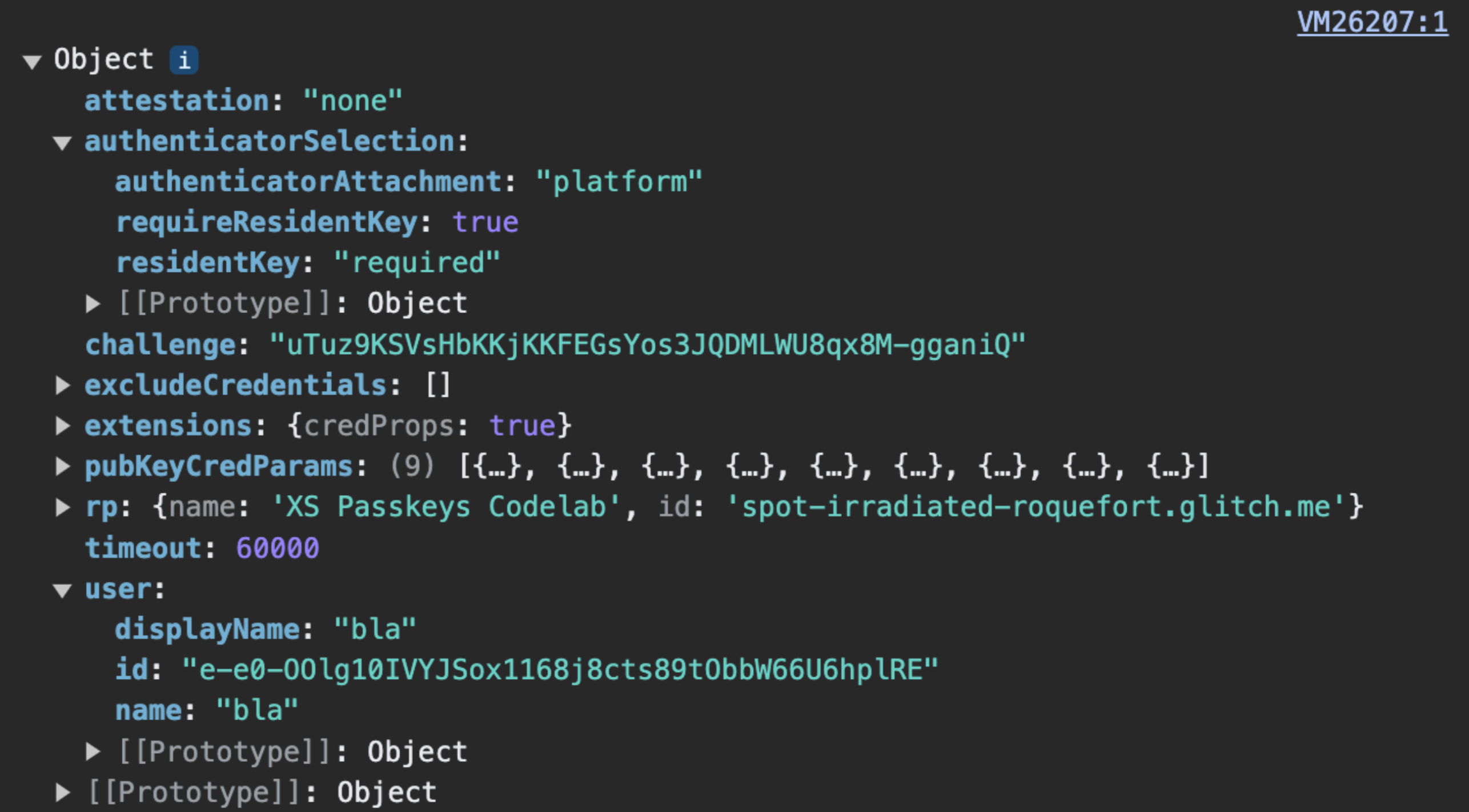 PublicKeyCredentialCreationOptions, отправленные сервером