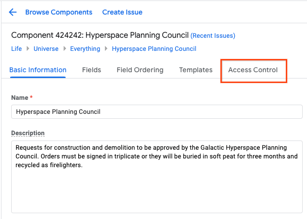 Guia "Controle de acesso" mostrada na página de administração do componente