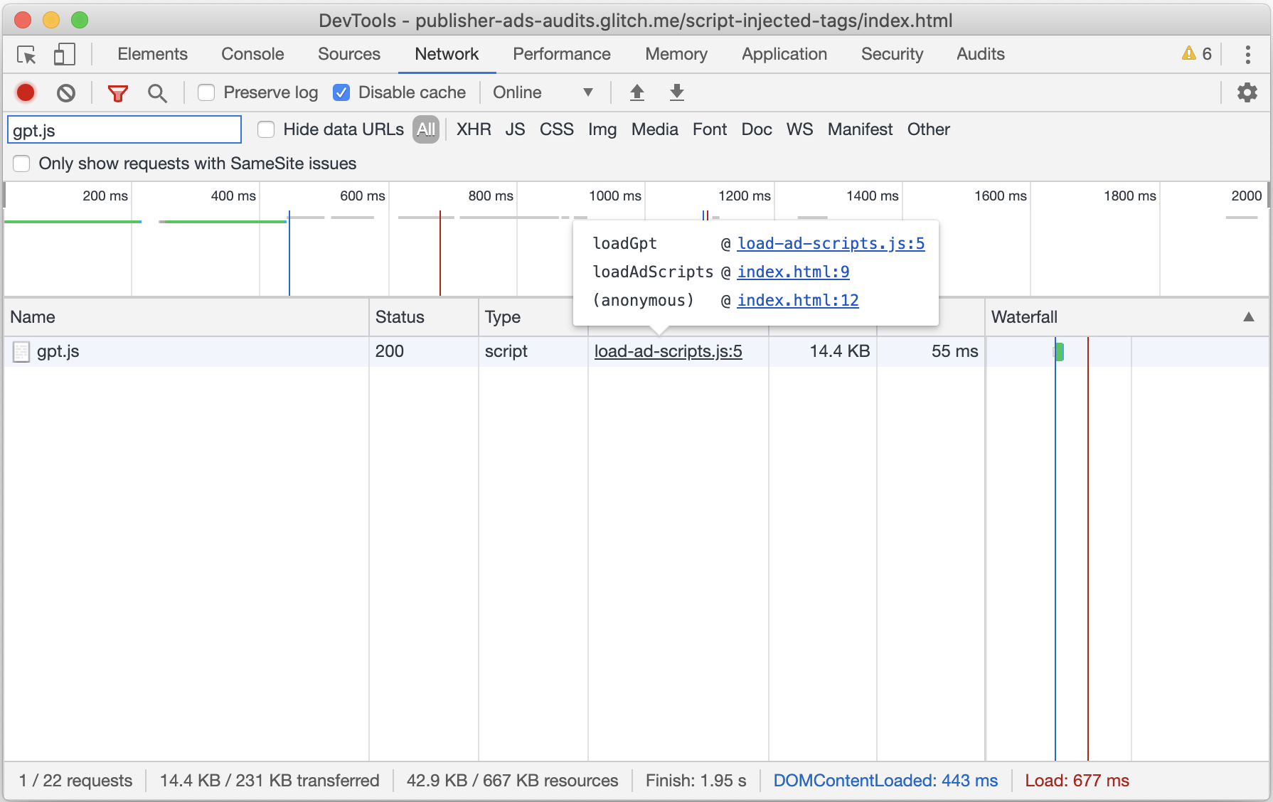 Screenshot des Tabs „Network“ in den Chrome-Entwicklertools