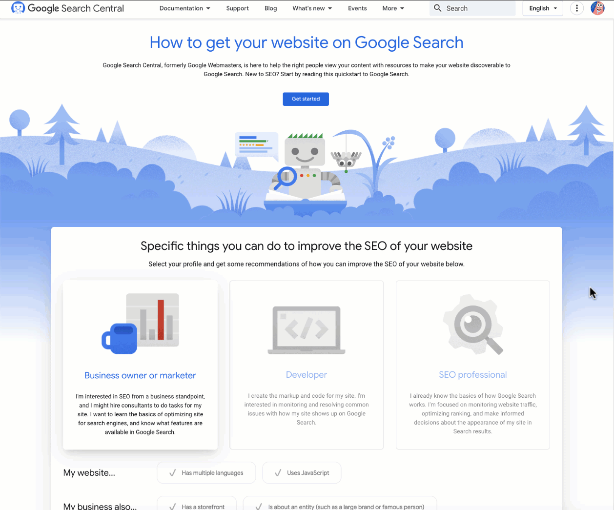 Interactive checklist on the Google Search Central landing page