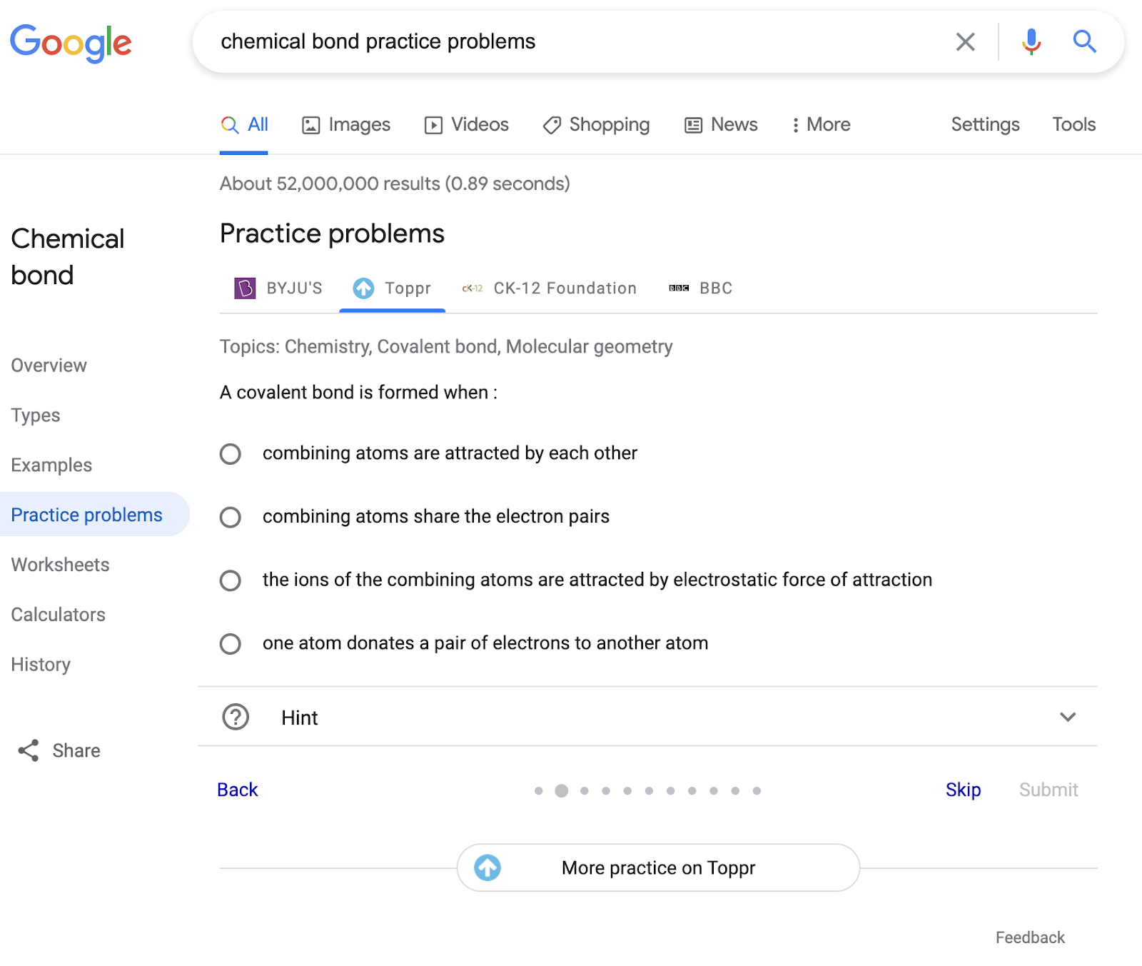 Practice problems rich result on Google Search