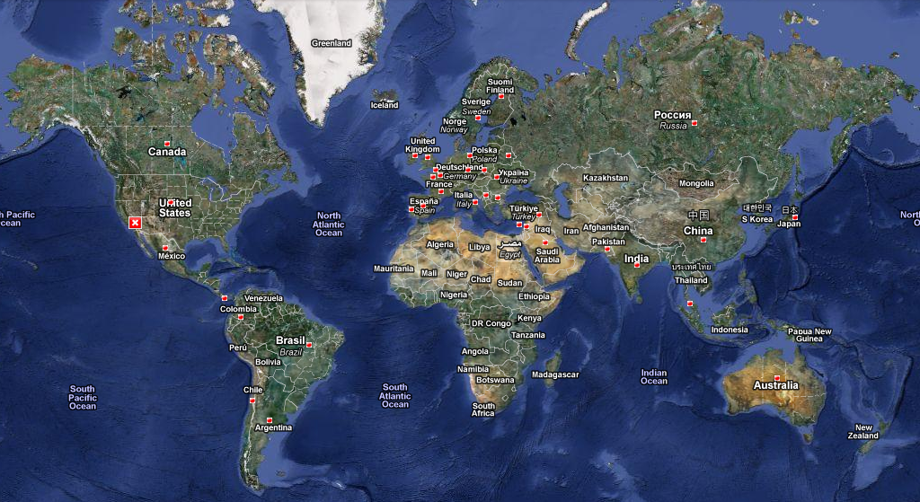 World map with the location of top contributors' countries marked with pins.