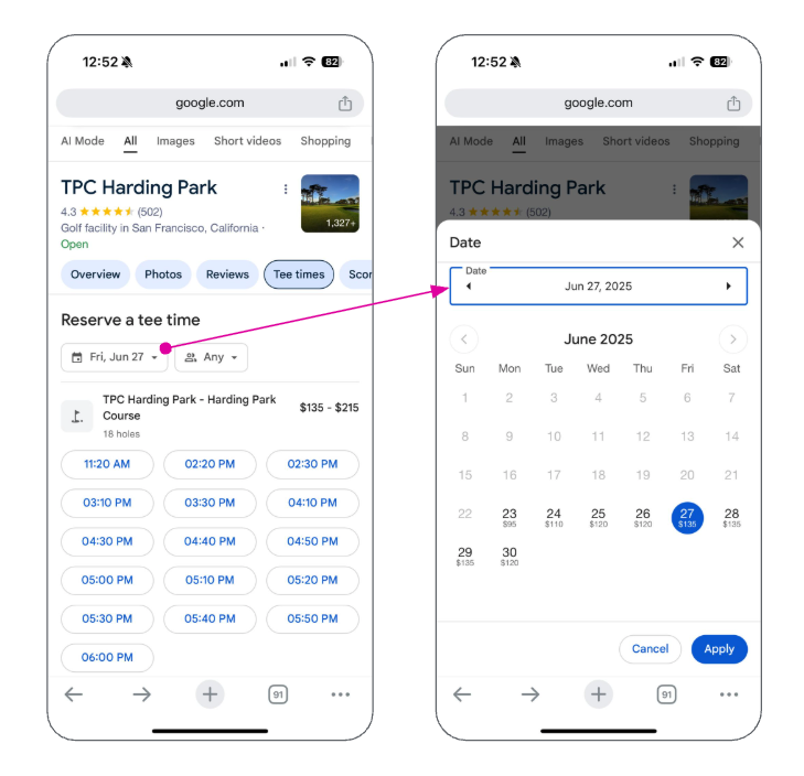 Halaman hasil Google Penelusuran untuk lapangan golf yang menampilkan ketersediaan waktu bermain