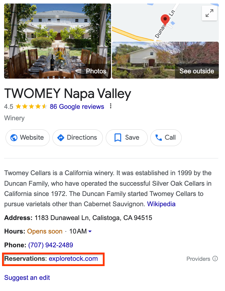 Exemplo de link de reservas em uma ficha da empresa no Google