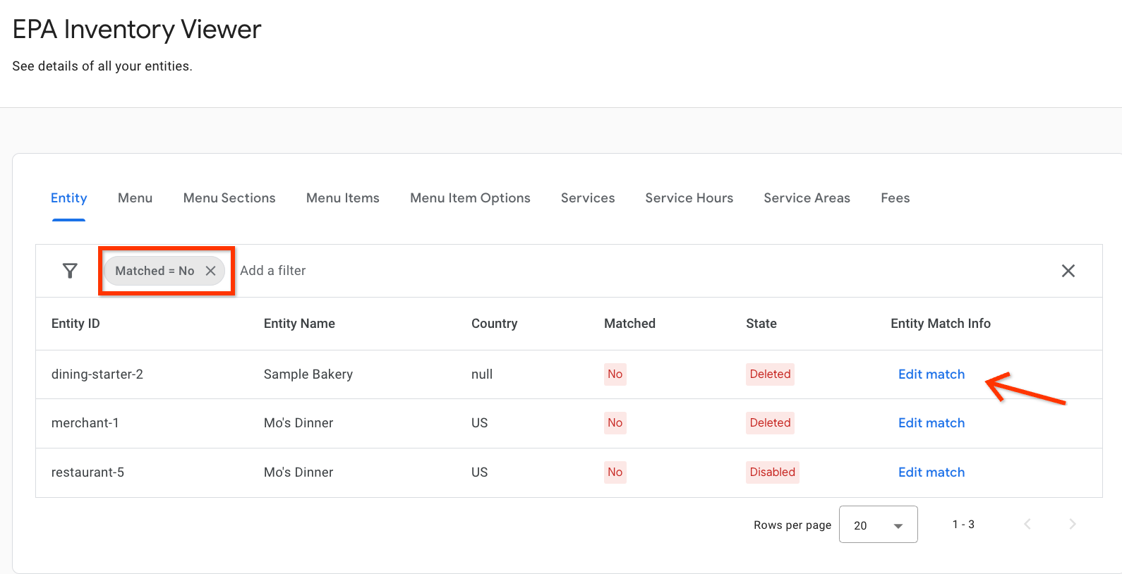 O botão "Editar correspondência" na visualização de inventário