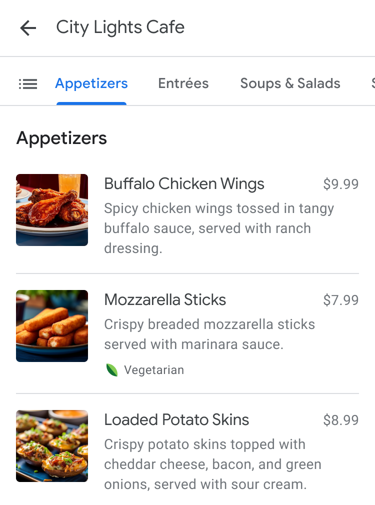 Przykładowe menu z pozycjami menu i opisami