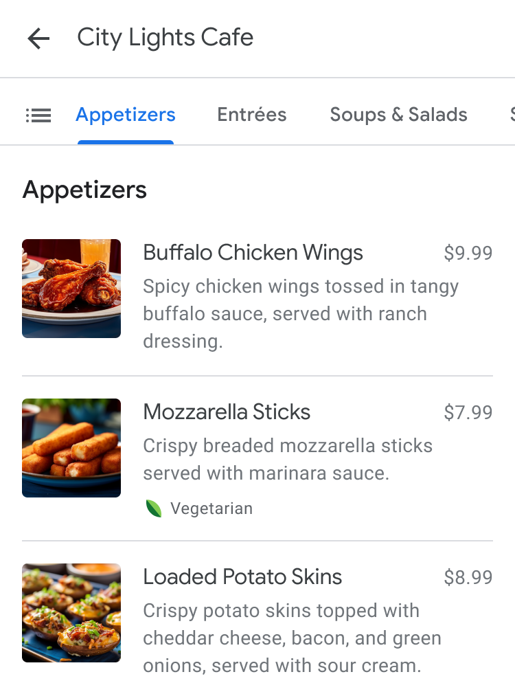 Exemple de menu affichant des éléments de menu avec des descriptions