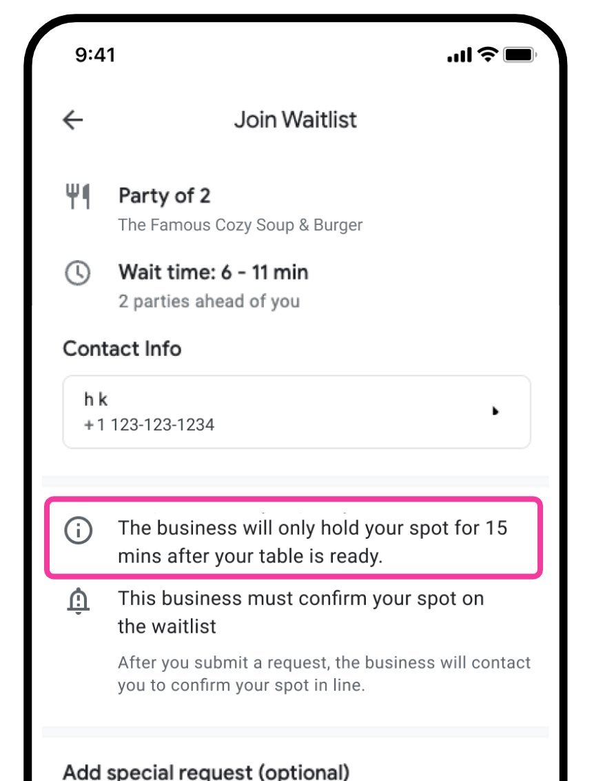 Un ejemplo de aviso de lista de espera en el que se muestra el modal &quot;Unirse a la lista de espera&quot; indica que la empresa solo conservará tu puesto durante 15 minutos después de que la mesa esté lista.