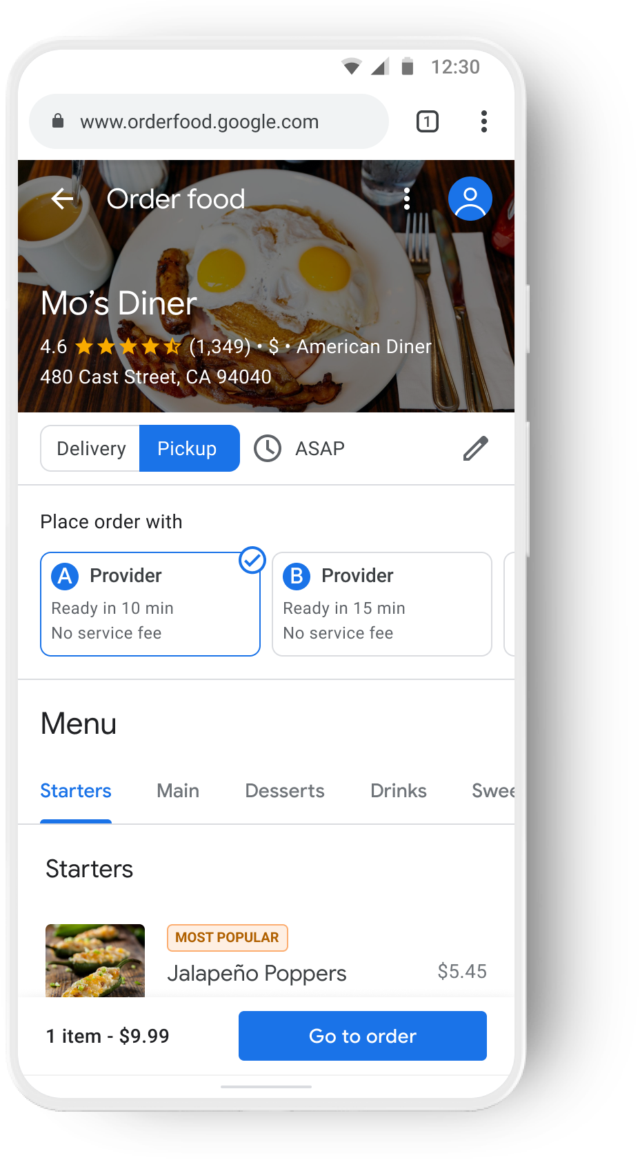 ورود تلفن همراه برای یک رستوران که توسط دو ارائه دهنده خدمات تحویل مختلف دنبال می شود.