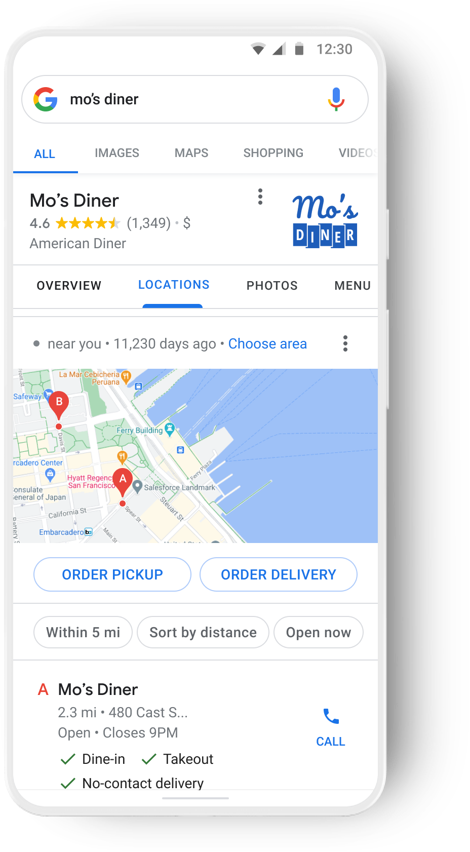 Google 検索でのエンドツーエンドの注文、チェーン レストラン。