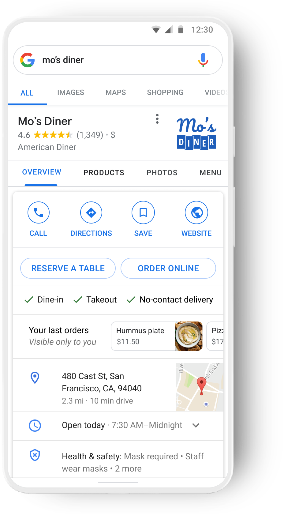 Mobile entry for a single restaurant on Google Search.