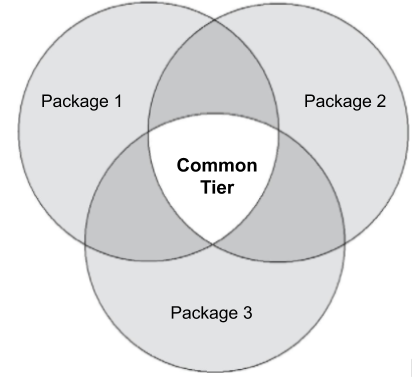 패키지 1, 2, 3 사이의 중첩이 &#39;Common Tier&#39;로 표시되는 벤다이어그램입니다.