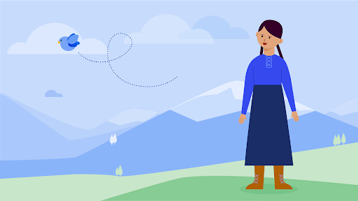 插圖：女子和鳥在田野中。