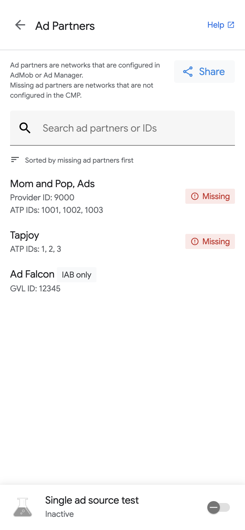 Página de parceiros de publicidade do Ad Inspector com IDs