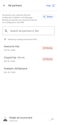 Página Socios publicitarios del inspector de anuncios