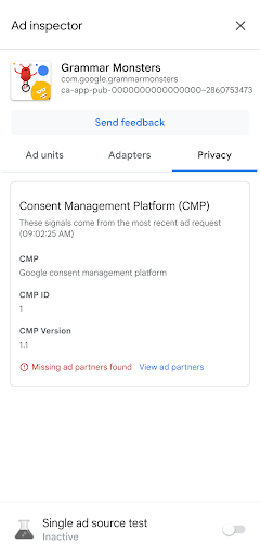 Ad inspector Consent Management Platform details