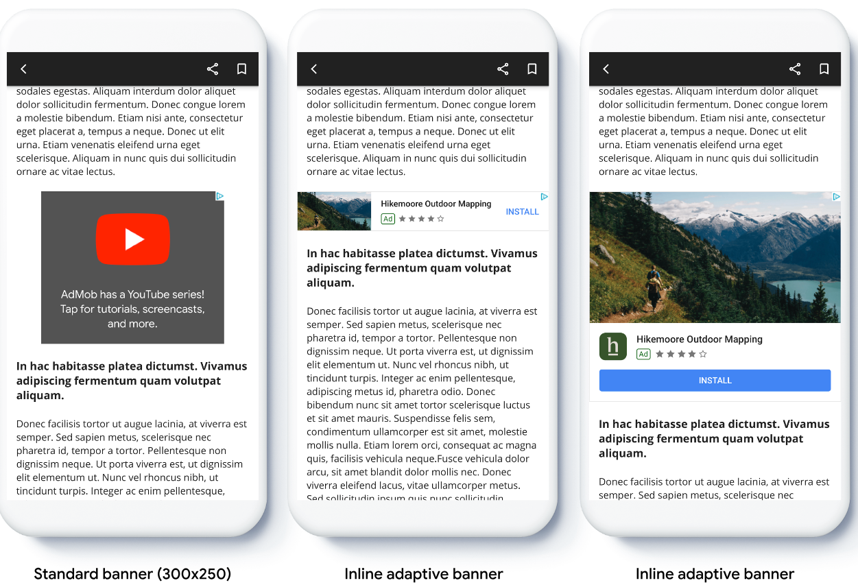 Diagrama mostra as diferenças entre banners adaptativos e adaptativos inline.