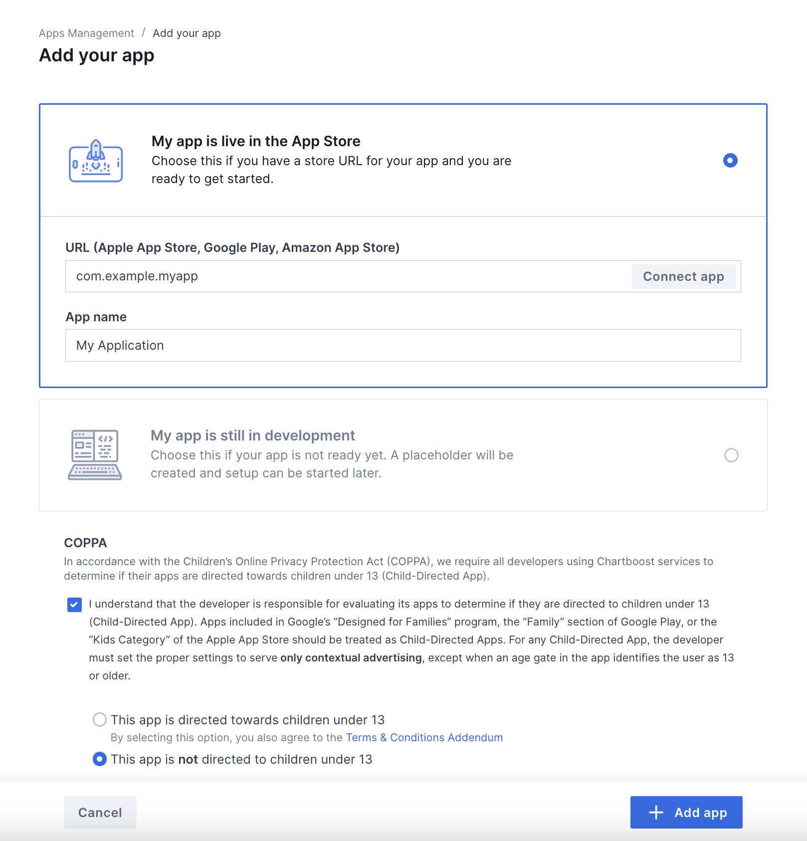 Formulário de novo app