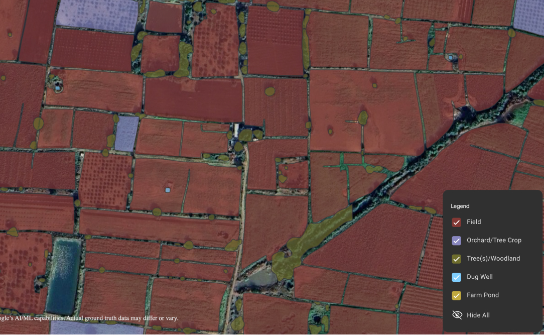 Our demo zoomed in at a specific location, showing multiple field boundaries and irrigation structures