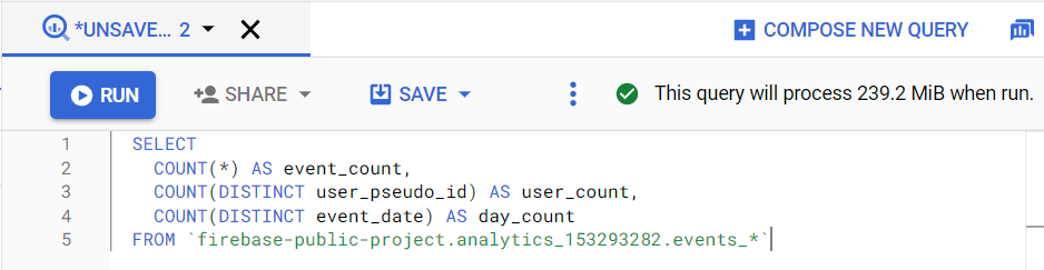 BigQuery UI showing query validation and query size